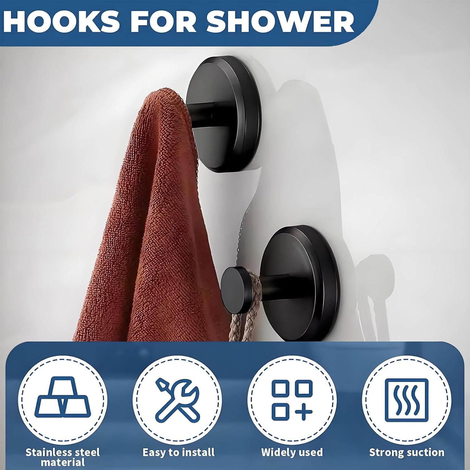 MYTOAU 6 Pack Suction Cup Hooks for Bathroom,Stainless Steel Suction Self Adhesivetowel Hooks,No Drill Heavy Duty Hooks for Bathroom Wall,Kitchen,Glass,Mirror,Tile to Hang Towels,Robes,Loofah(Black) image number 6