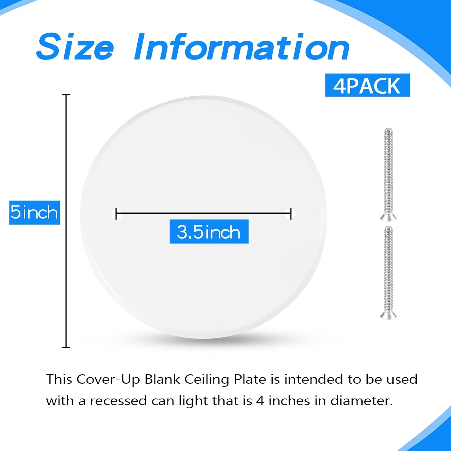 4 Packs 5 Inch Ceiling Cover Plate Metal Flat round Electrical Cover Blank Circle Wall Plate with Screws Ceiling Fan Switch Cap Cover, Holes Are Spaced 3.5 Inches, White (For 4 Inch Electrical Box) image number 3