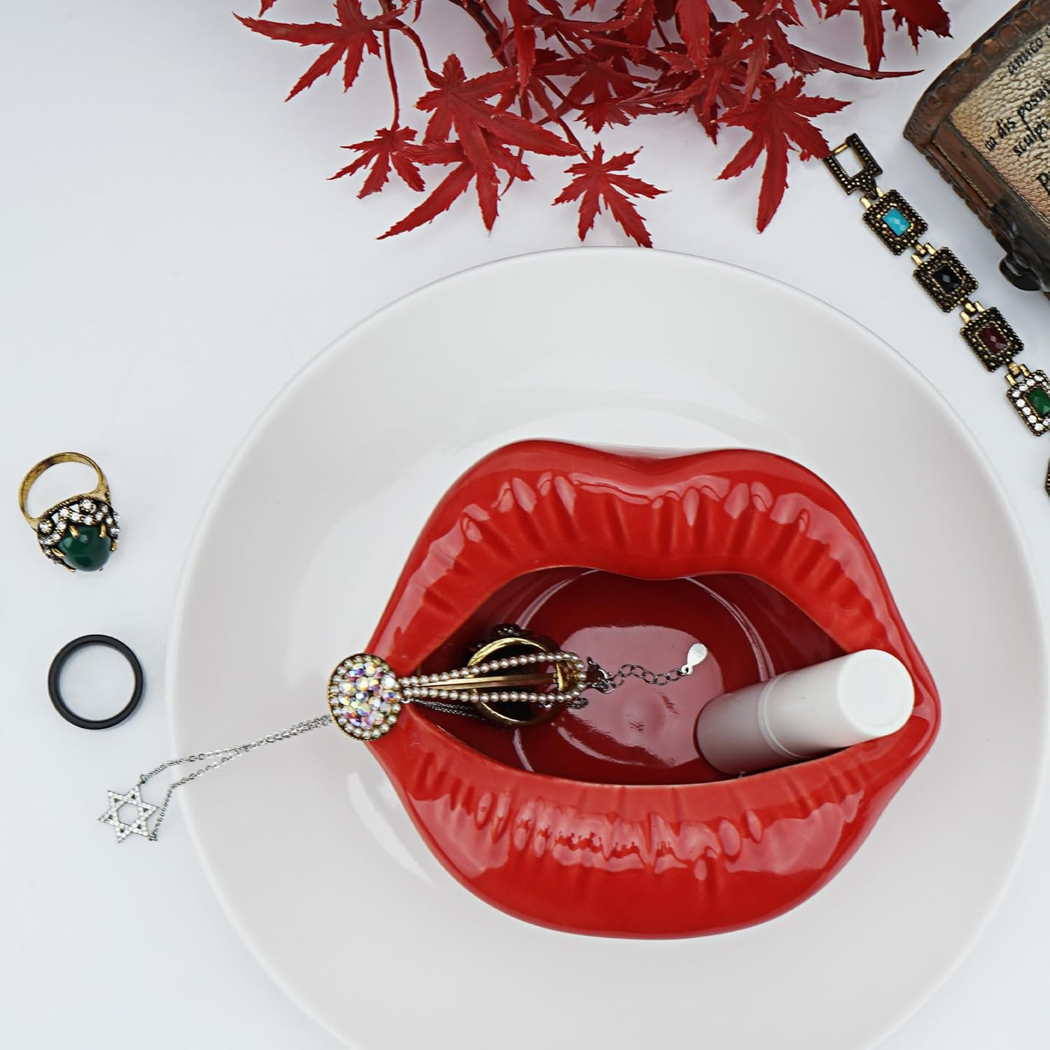 Biiange Ceramic Red Lips Lipstick Ring Holder, Lip Ceramic Holder, Suitable for Storing Cosmetics, Hair Clips, Jewelry as Gifts for Women, Birthdays, and Valentine'S Day (Red) image number 2