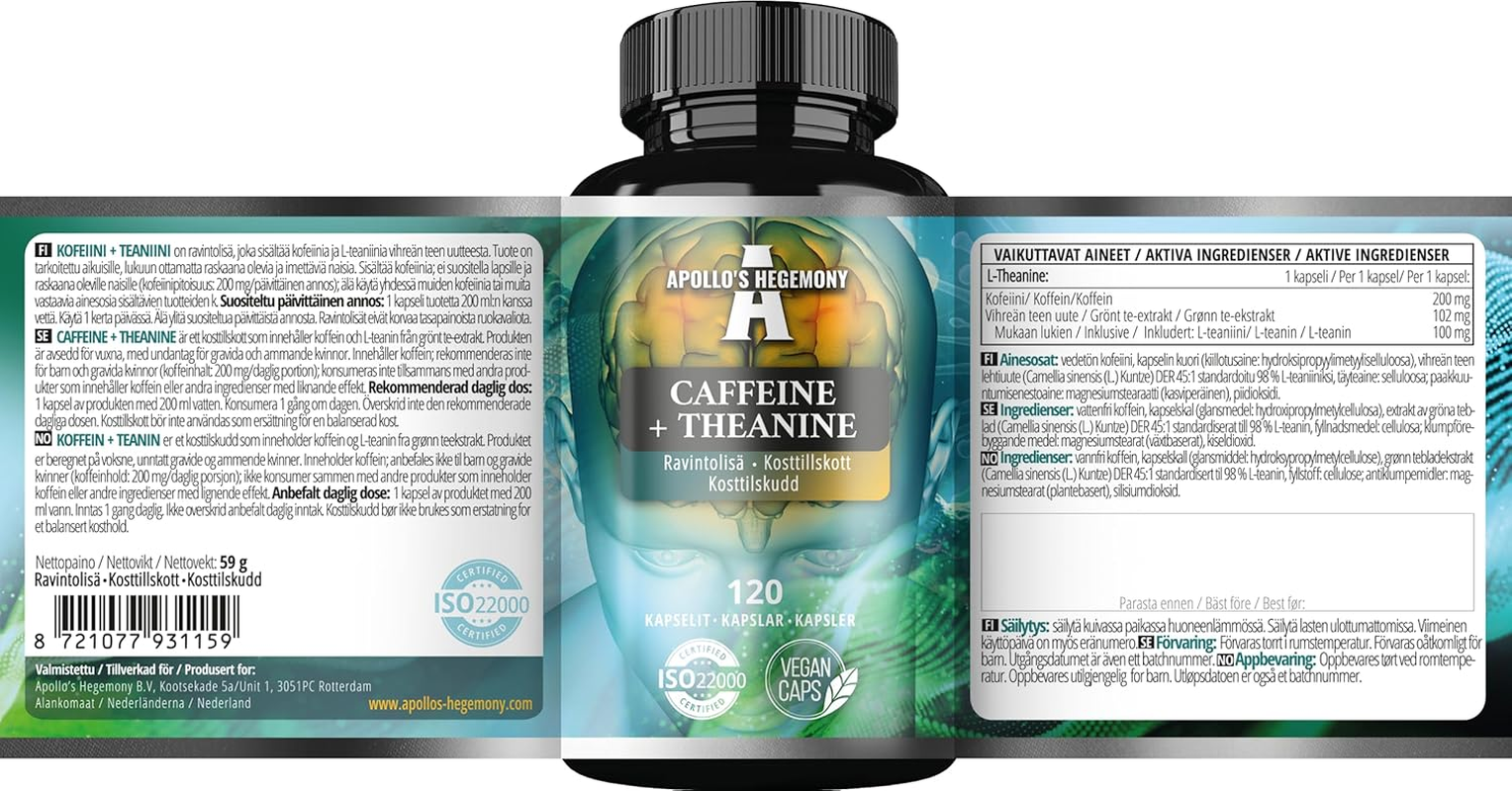 Caffeine + Theanine 300Mg per Capsule, Caffeine Anhydrous and Green Tea Extract 98%, 120 Vegan Capsules, 4 Months Supply, Supplement for Enhanced Focus and Energy - by Apollo'S Hegemony image number 3