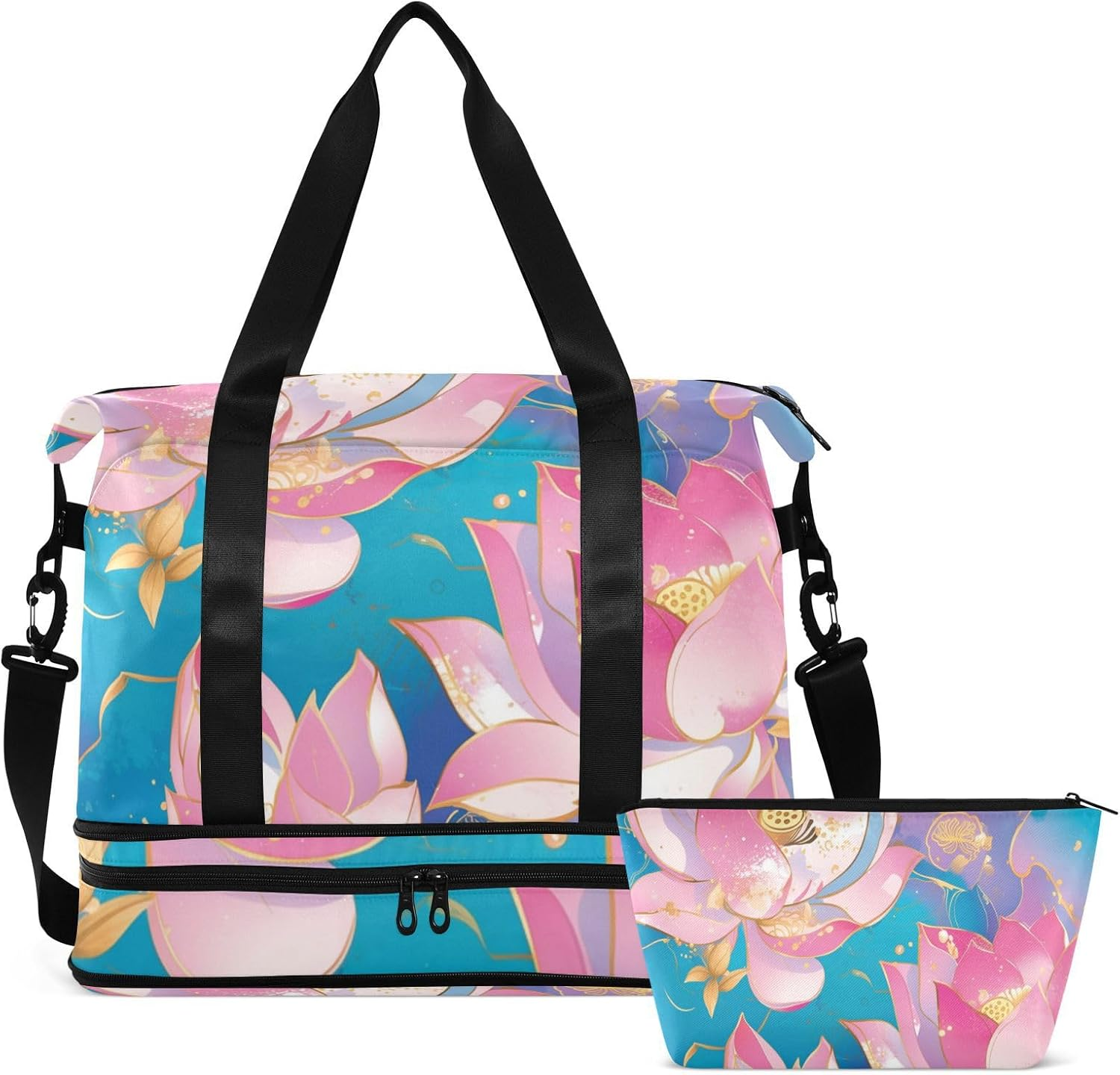 Rose Gold Flower Tote Bag Travel Weekender Gear Bag with Toiletry Bag for Travel Foldable, Rose Gold Flower, 1 Size image number 4