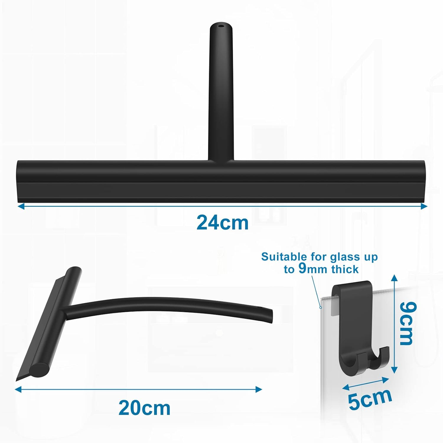 MOSUO Shower Squeegee, Shower Squeegee, Silicone with Holder without Drilling, Stainless Steel Core for Window Squeegee, Bathroom, Mirror, Glass Cleaning, Tiles, Car Windows - Black image number 2
