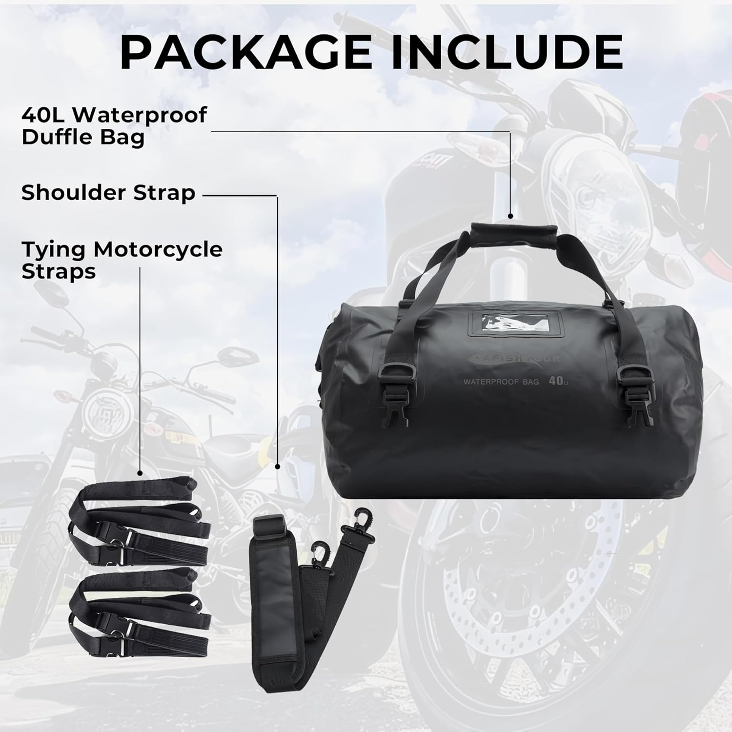 AFISHTOUR 40L Waterproof Motorcycle Duffel Bag - Motorcycle Luggage Tail Bag with Straps for Back Seat - Roll Top Dry Bag for Kayaking, Rafting, Boating, Camping, Travel, Beach (Black) image number 4