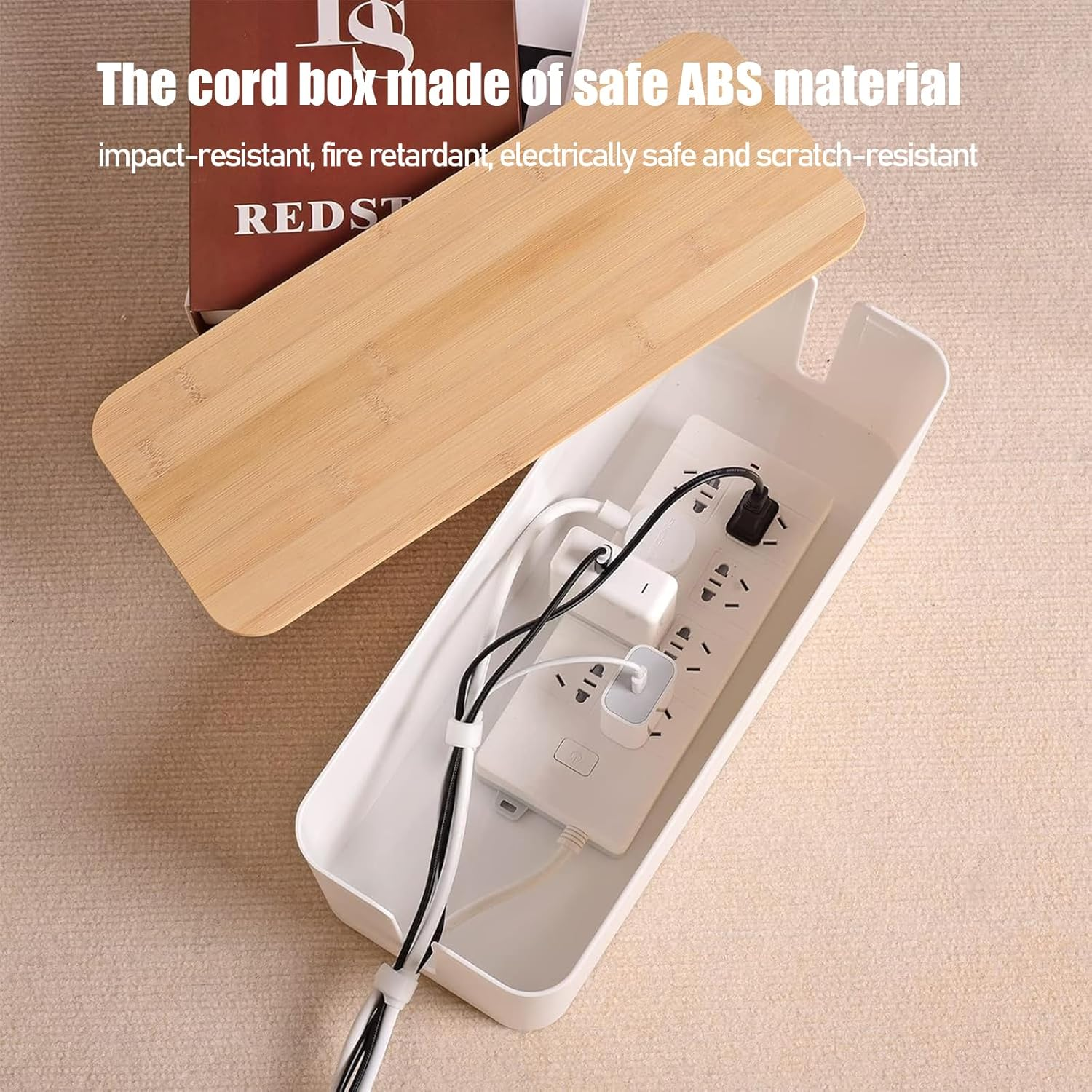 3 Sets of Cable Management Box,Bamboo Cover Cable Organizer Box Storage Tidy for Desk TV Computer USB Hub Phone Holder, Powerboard Charging Cable image number 4