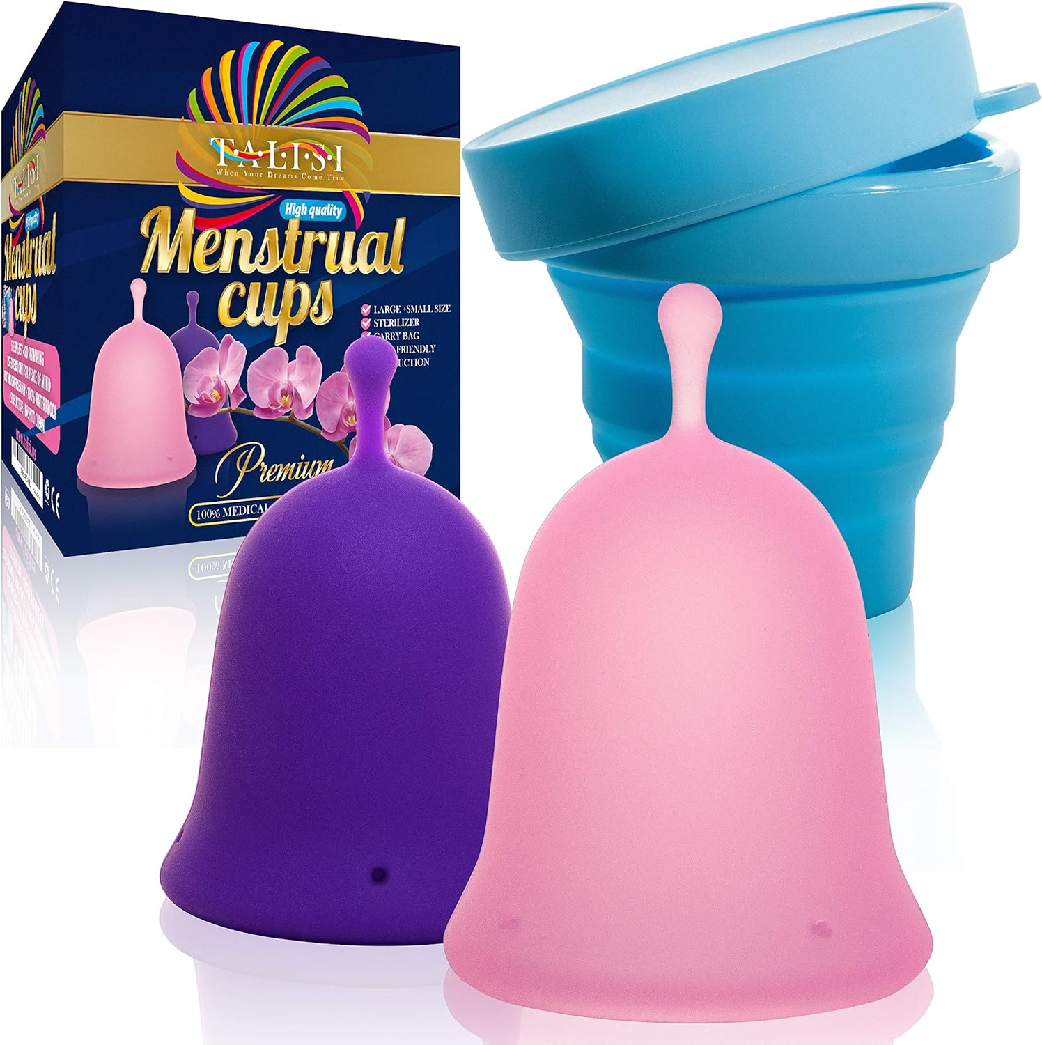 Talisi Reusable Menstrual Cup - Feminine Period Cup Set of 2 Small Large Size - Soft Flexible Medical-Grade Silicone - W/Collapsible Sterilizing Foldable Sterilizer - Women Sensitive Heavy Flow Fit image number 4