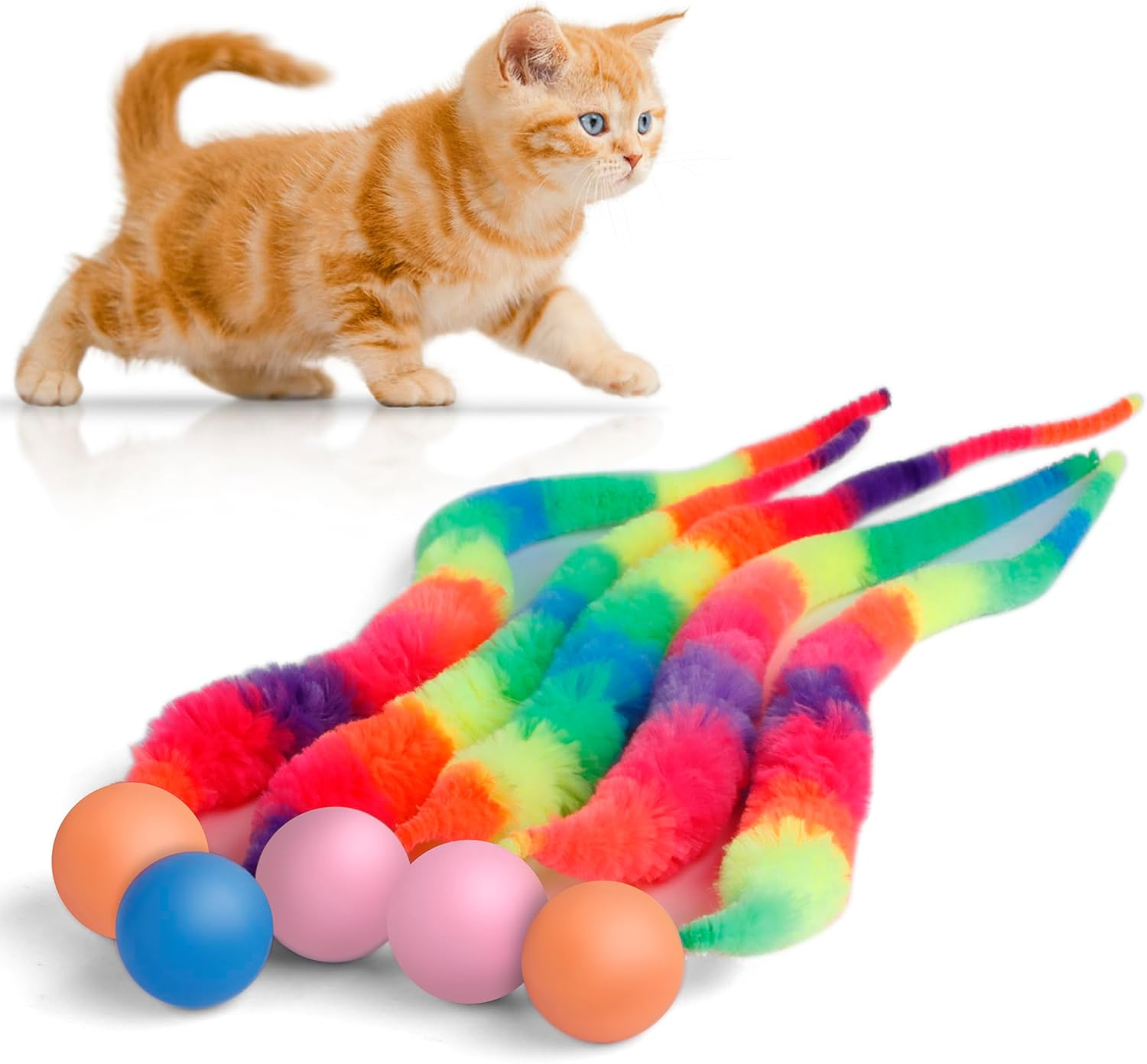 SHENGSEN Bouncy Ball with Tail Cat Toys-5 Packs,Large Magic Worm with Fluorescent Ball Toy for Cats,Colorful Fuzzy Worm Bouncy Glow Balls Cat Toy
