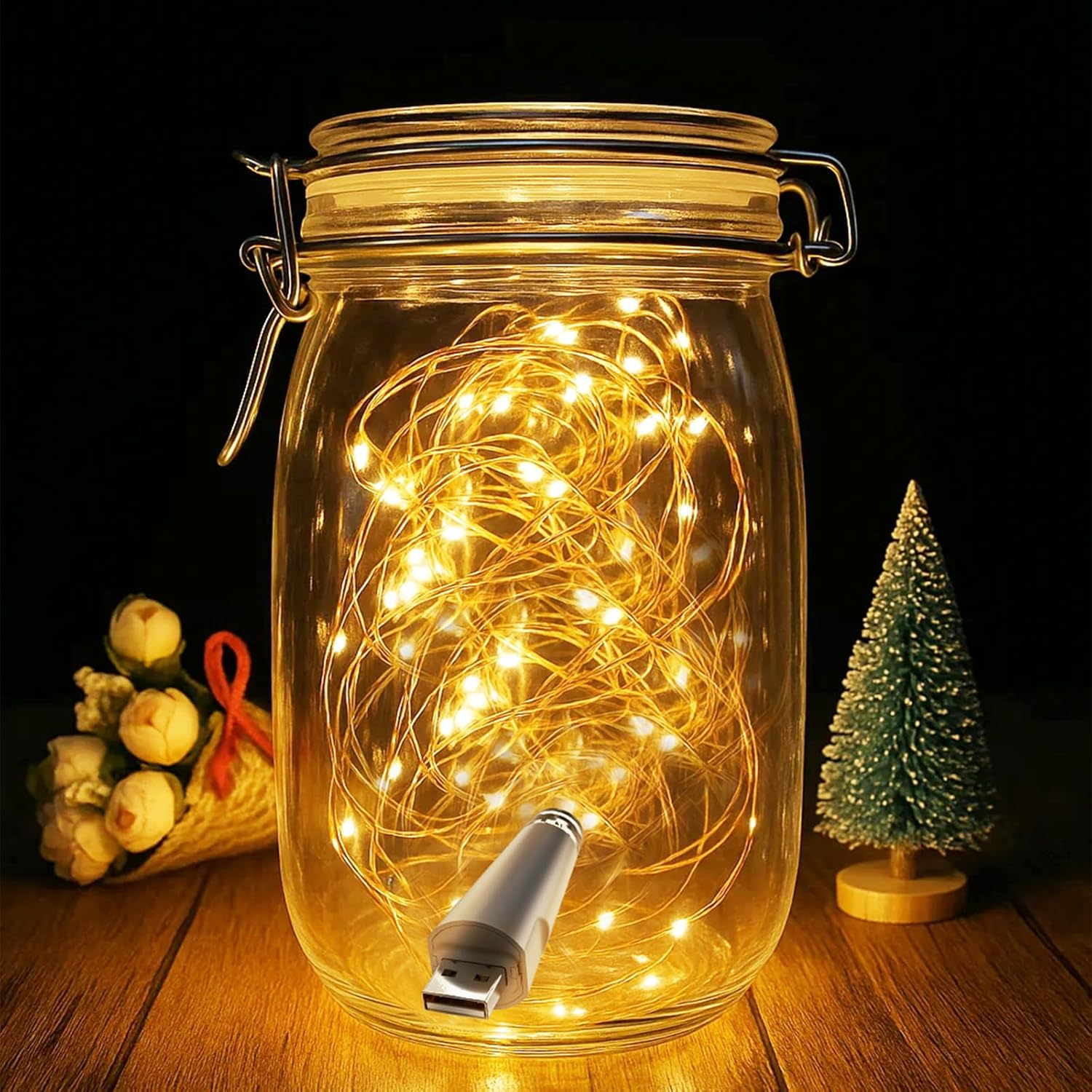 OUSMIN 20 LED Rechargeable Fairy Lights Battery Operated Mason Jar Wedding Table Decoration Christmas image number 4