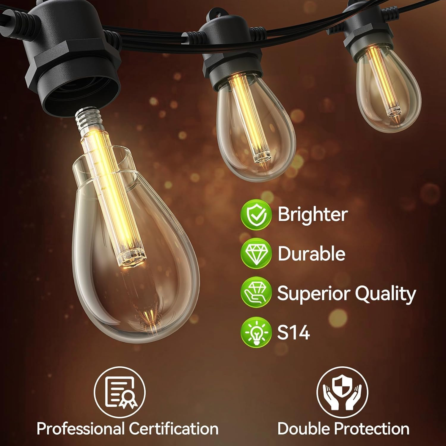 Roshin Solar Lights Outdoor 15M 25 Bulbs(49Ft) - Bright Solar Festoon String Lights Outdoor with IP65 Waterproof Shatterproof for Backyard, Garden, Yard, Camping, Party, Christmas (S14) image number 1