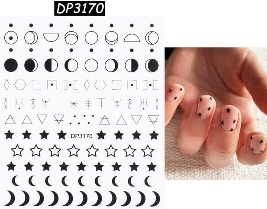 12 Sheets Black Metallic Geometric Line Nail Art Stickers Decals Self Adhesive Pegatinas Para U&ntilde;as Star Moon Love Heart Smiley Patterns DIY Design Nail Decoration for Women Girls