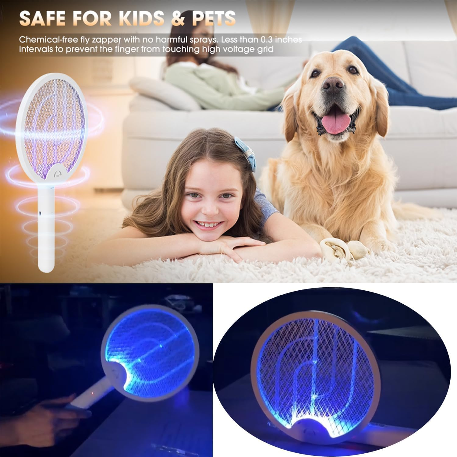 Electric Fly Swatter 3000V 2 in 1 Bug Zapper Racket Fly Killer Mosquitoes Trap Lamp Rechargeable with 1200Mah Battery for Indoor Home Office Backyard Patio Camping (1 Pack)-White image number 6