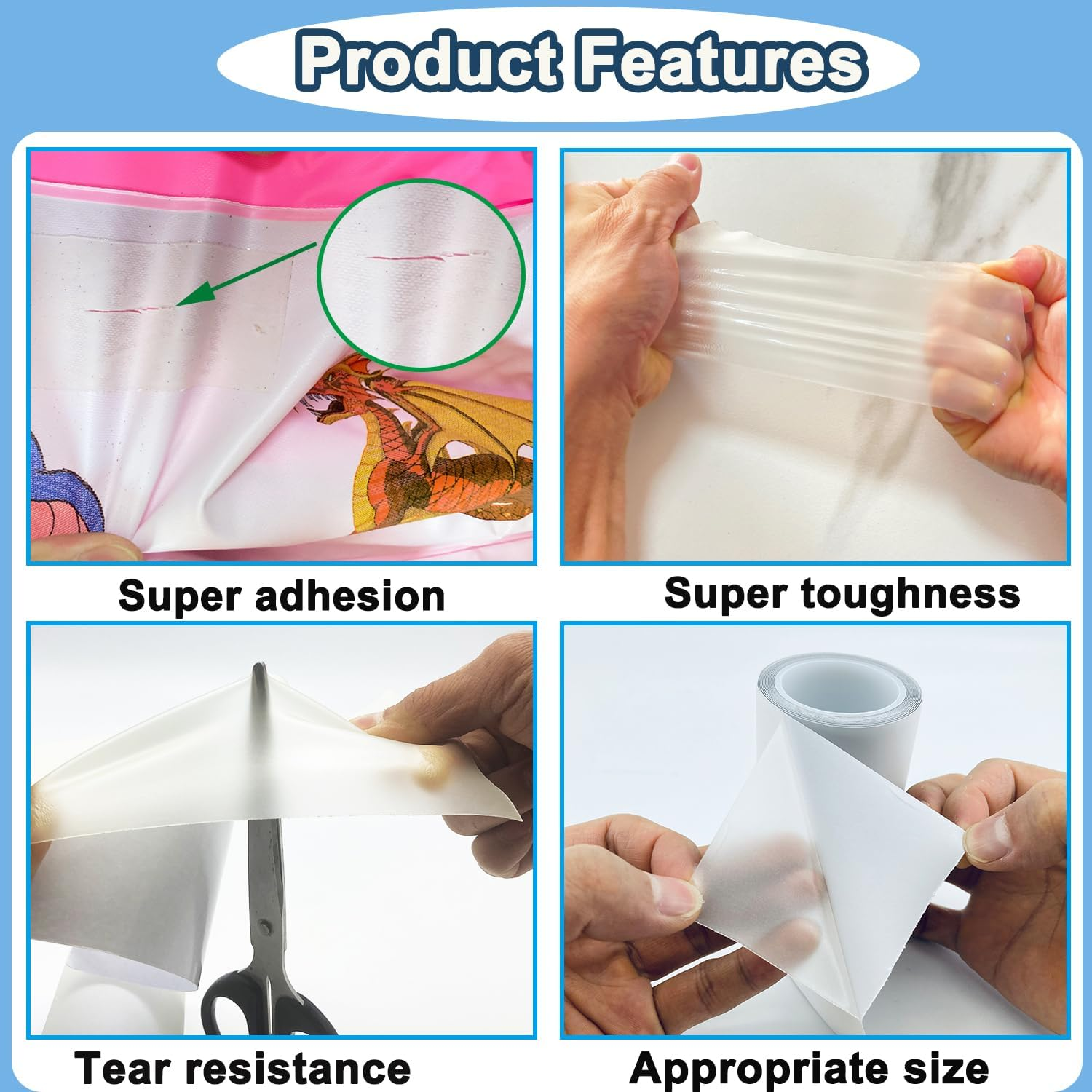 KAIHENG 4Inx7Ft Inflatable Patch Repair Kit, Waterproof TPU Air Mattress Patch Kit, Pool Repair Patch, Repair Tape for Pool Swimming Ring Pool Floats Bounce House Air Bed Tent Inflatable Toys image number 6