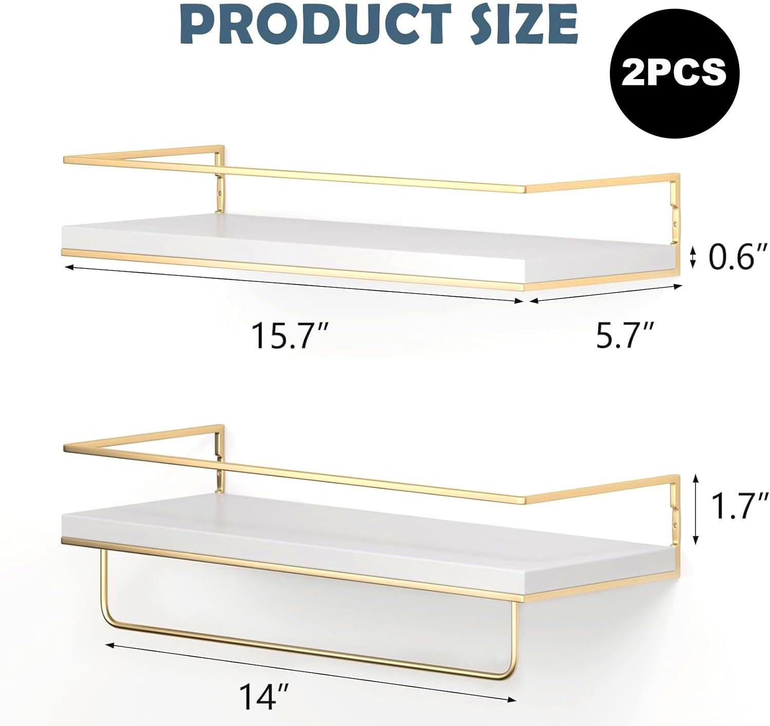 Floating Shelves Set of 2, Wall-Mounted Wooden Shelves with Golden Towel Rack, Decorative Storage Shelves for Bathroom, Kitchen, Living Room, Durable & Stylish image number 4