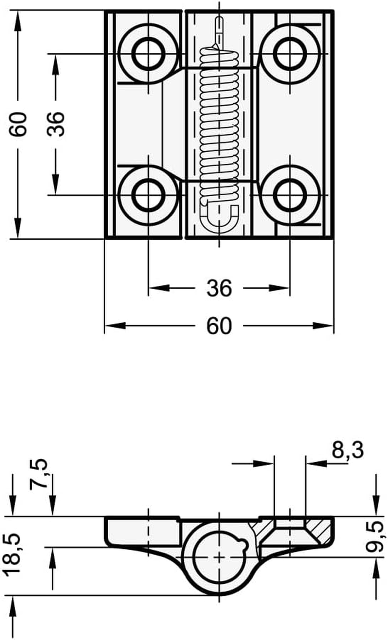 Ganter Normelemente Spring Hinge, Hinge with Spring Return, GN 437.3-ZD-60-60-L2-SW, Die-Cast Zinc, 60 X 60 Mm, Closing image number 4