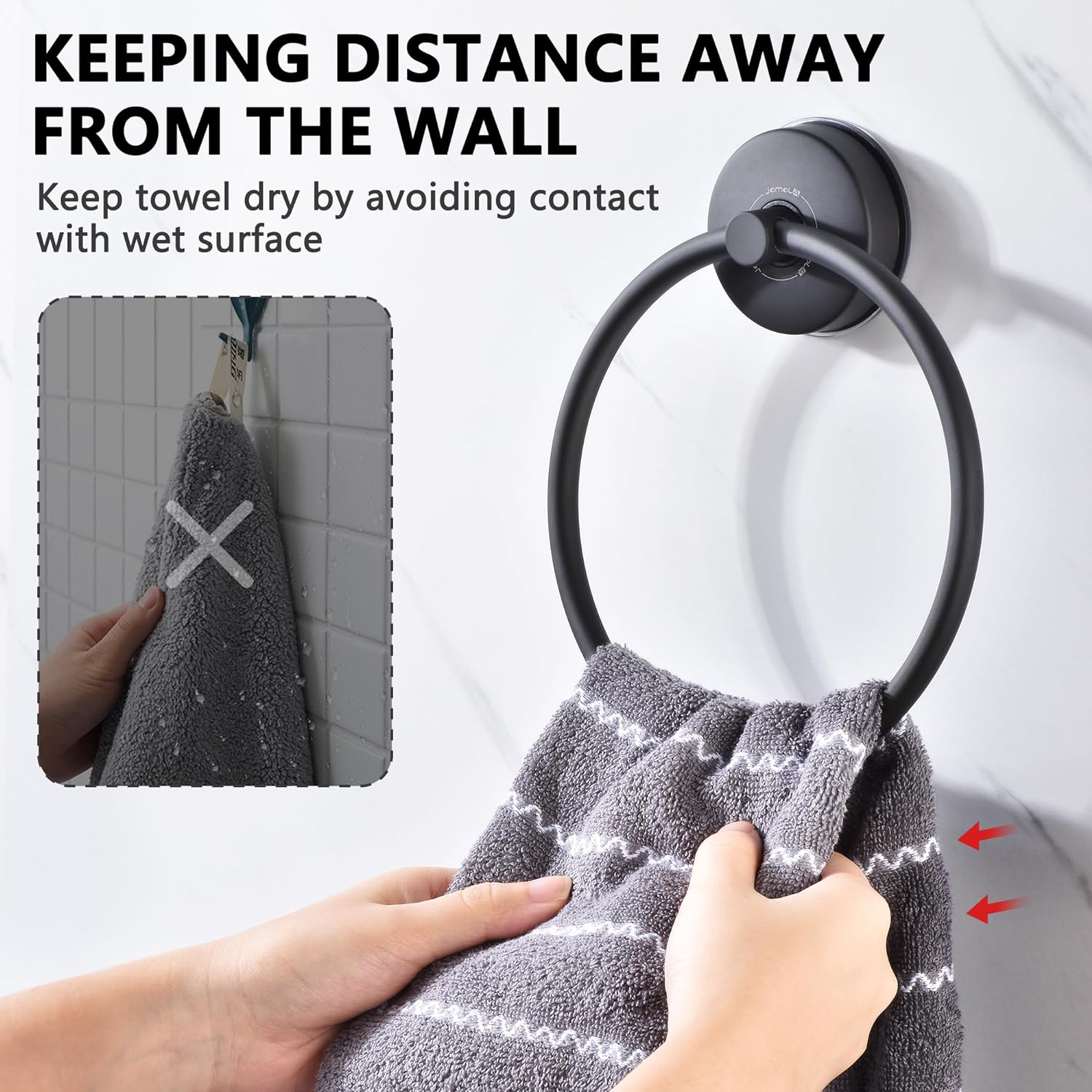 Towel Ring JOMOLA Suction Cup Bathroom Towel Holder Stainless Steel Hand Towel Storage Hanger for Kitchen Shower Bath Towel Rack Bathroom Accessories Wall Mounted Matte Black - Black image number 6