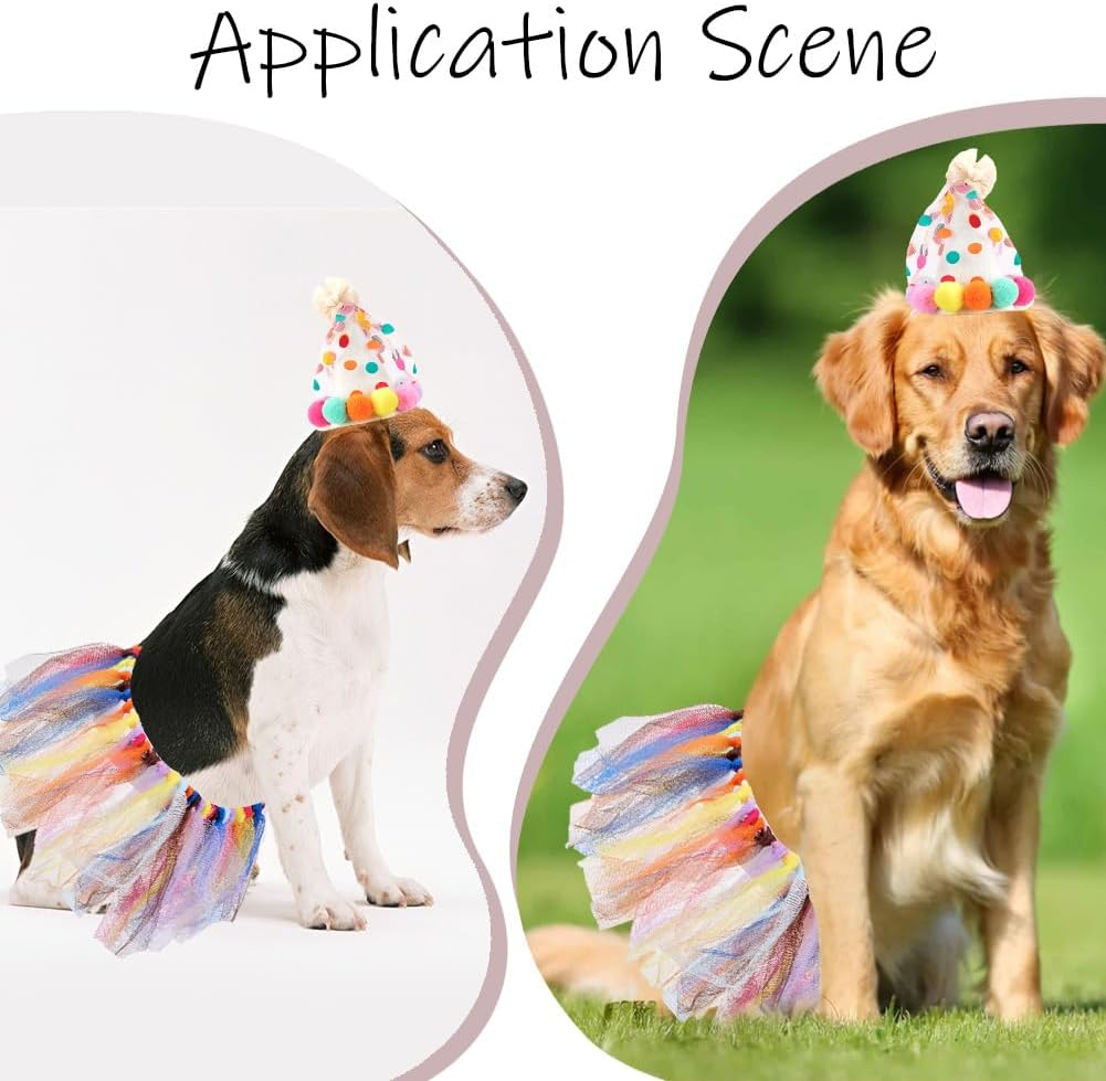 CREATCABIN 2Pcs Dog Princess Costume Mini Pet Party Hats Colorful Polyester Puppy Cats Lace Tutu Christmas Pompom Ball Hat Bow Tie Outfit for Pets Birthday Parties Decorations Set Accessories image number 2