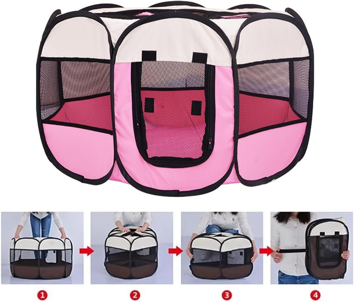 AIMALL Portable Pet Fence, Indoor Dog Tent, Octagonal Collapsible Cat and Dog Kennel, Transparent Mesh Playpen, Foldable, 29-44.8 Inches, Coffee/Pink image number 6