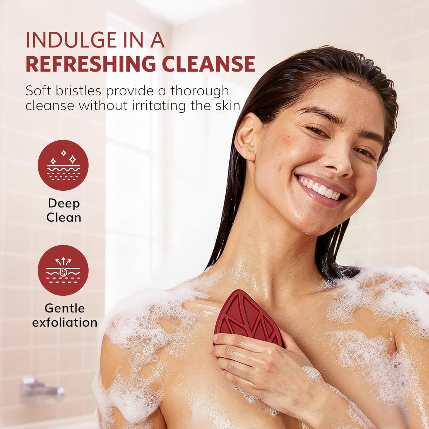 Sndyi Silicone Body Scrubber, Gentle Exfoliating Body Scrubber for Sensitive Skin, Leaf Shaped Shower Scrubber for Body with Lathering Bristles, Silicone Loofah Body Brush for Showering, Christmas Red image number 1