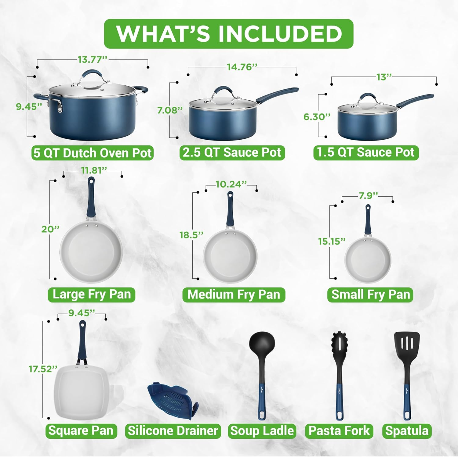 Nutrichef Cookware/Bakeware 20-Piece Set Includes a Saucepan, Frying Pans, Cooking Pots, Oven Pot, Lids, and Utensils. Nonstick, Ptfe/Pfoa/Pfos-Free, Heat-Resistant Silicone Handles, Navy Blue image number 4
