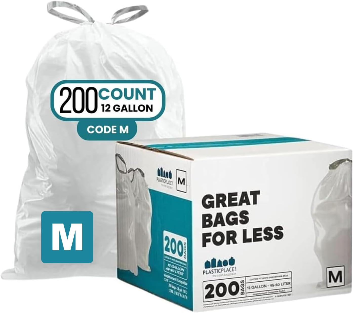 Plasticplace Trash Bags │ Simplehuman Code M Compatible (50 Count) │ White Drawstring Garbage Liners 12 Gallon / 45 Liter │ 21.5" X 30.75" image number 1