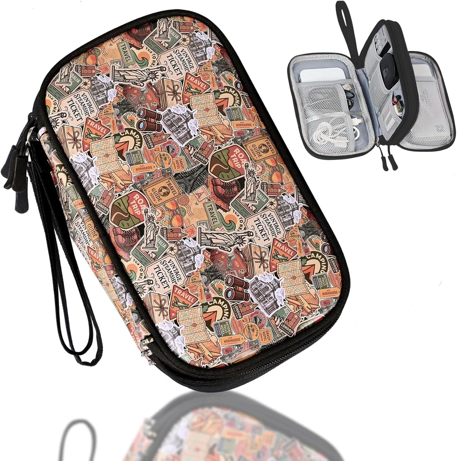 COSHAYSOO Electronics Organizer Bag Travel with Chenille Letter Patch TECH Traveling Must Have Accessories Cute Personalized Gift for Women Cable Cord Charger Storage Pouch (Greenish Blue) - Black-Scenic Spots