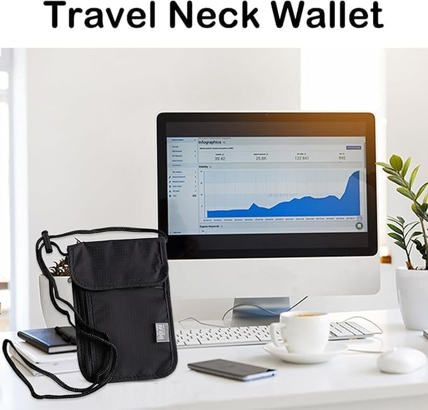 Neck Wallet Travel Neck Pouch, Passport Holder Travel Wallet RFID Blocking Passport Bag Men Women Children, Waterproof Travel Document Wallet Organiser, Adjustable Phone Bag for Card Key-Black image number 4