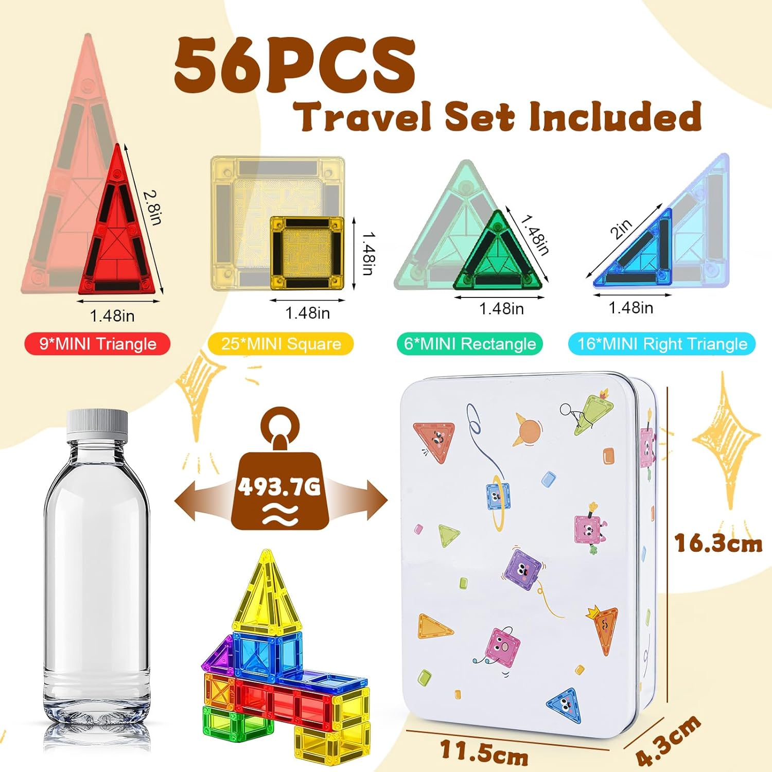 Mini Magnetic Tiles 56PCS, Travel Magnetic Tiles Set Portable with Iron Case, STEM Sensory Magnetic Building Toys Set for Kids Age 3+, Travel Toys Present for Boys Girls Birthday