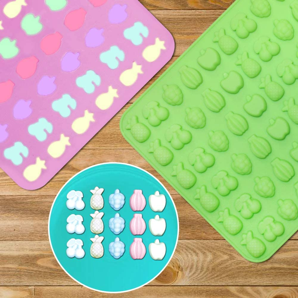 Silicone Candy Molds，Afunta 4 Pcs 66-Cavity Non-Stick Mini Fruit Silicone Gummy Mold with 4 Pcs Dropper for DIY Gummy, Ice, Jelly, Chocolate, Candy - Green,Blue,Pink,Purple image number 2