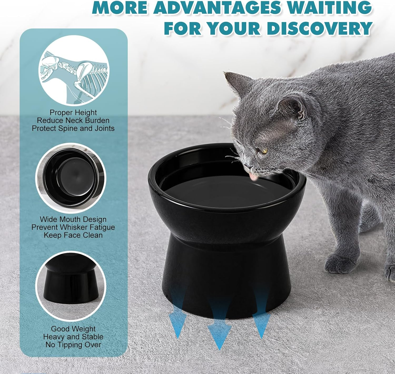 Raised Ceramic Cat Water Bowl - Elevated Cat Food Dish anti Vomiting - Large Tall Cat Feeding Bowls - Extra Wide Cat Bowl Whisker Friendly - Microwave and Dishwasher Safe - 6.1 Inch - 18.5 Oz - 550 Ml