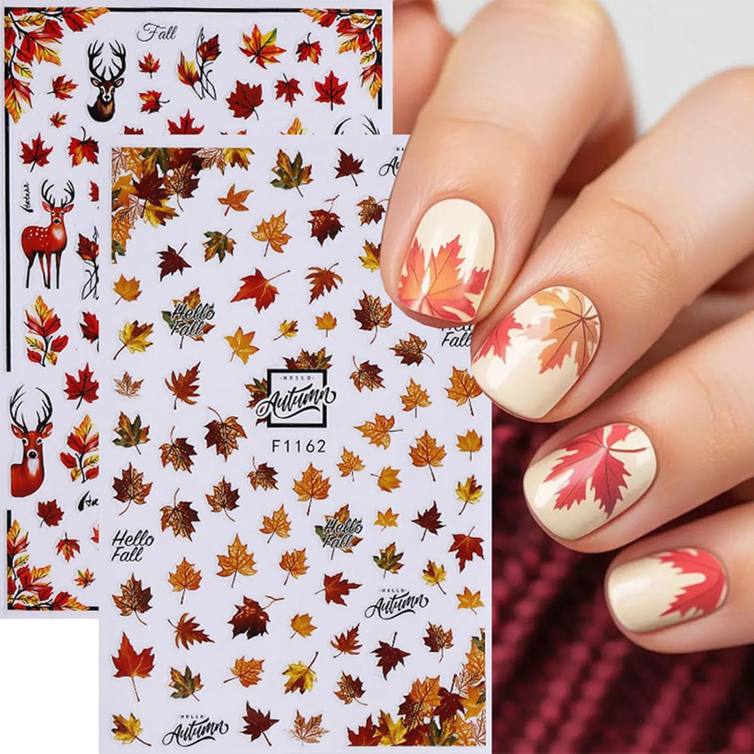 Fall Nail Art Stickers Autumn Maple Leaf Nail Decals 6PCS Autumn Leaves Deer Design 3D Self-Adhesive Nail Art Decorations Supplies Fall Stickers for Nails Women Thanksgiving Day DIY Manicure Decor image number 3