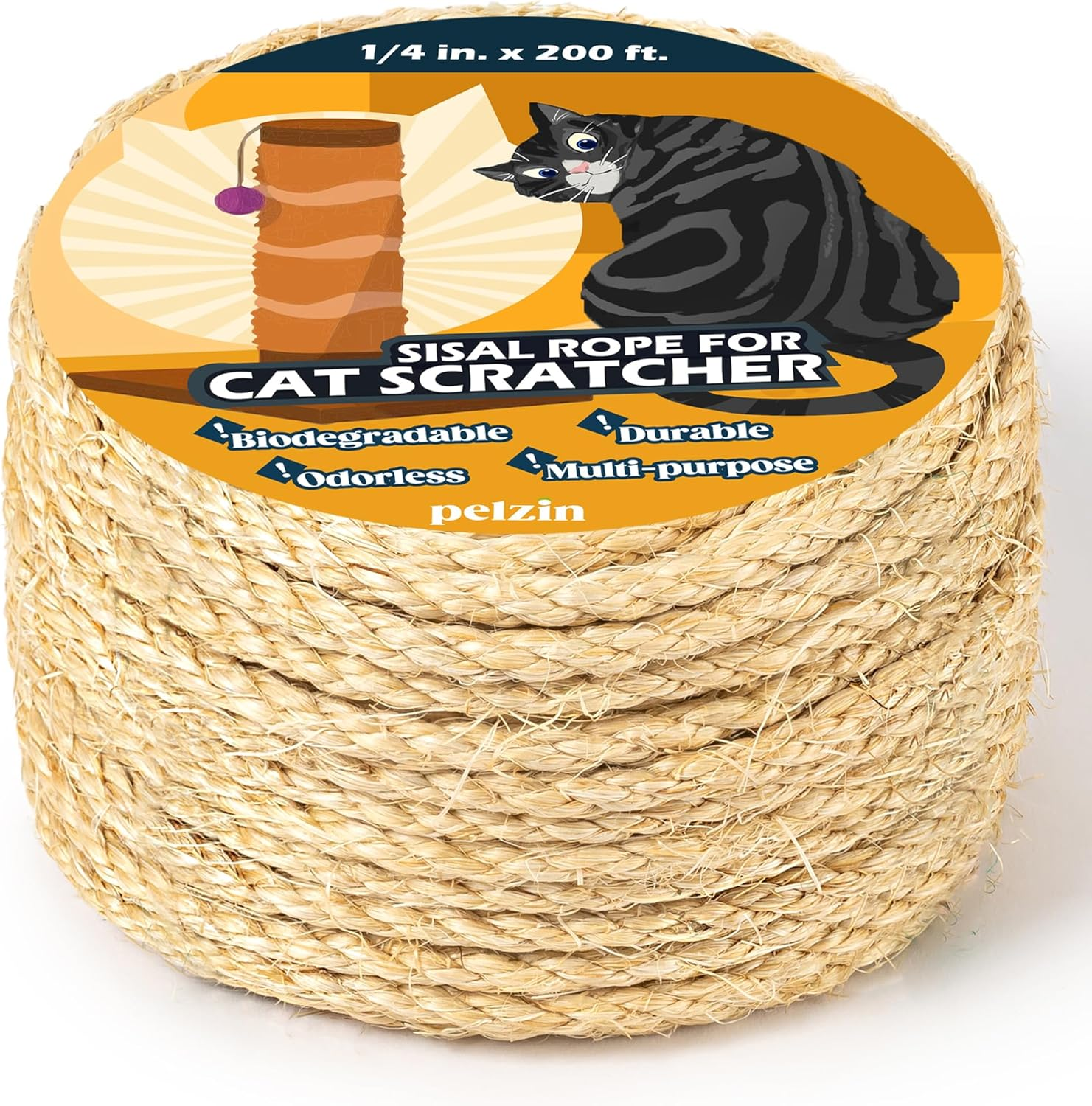 PELZIN Natural Sisal Rope for Cat Scratcher 6Mm X 30M, Cat Scratching Post Replacement Rope, Cat Tree Twine for Scratching Post Repair, Recover, Replace and DIY, Natural