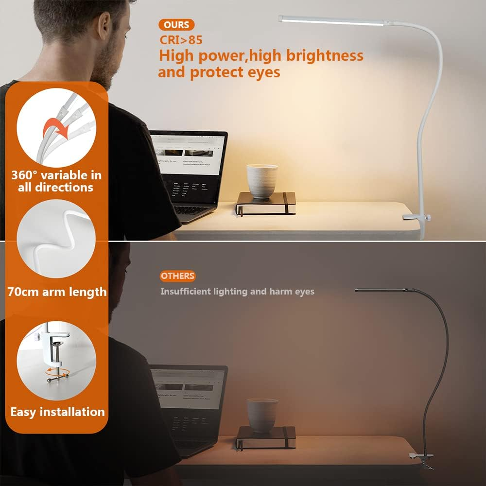 Desk Lamp, LED Desk Lamps with Clamp 3 Color Modes & 10 Brightness Levels Eye-Caring Reading Light Gooseneck LED Book Lights, Easy Clip on Desk Light for Home Office(White) image number 2