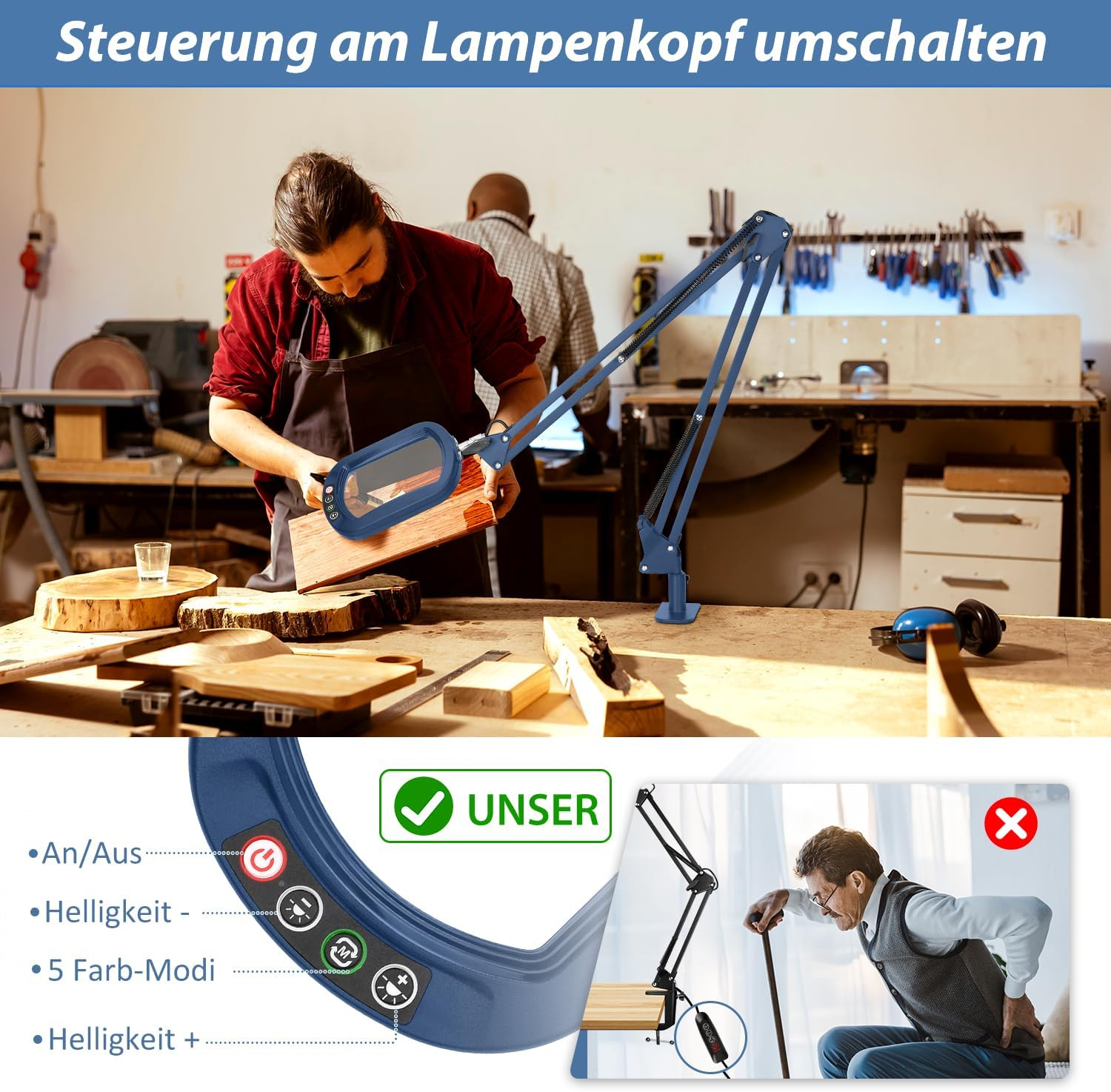 Veemagni 10 X Real Glass Rectangular Magnifying Glass with Light and Clamp, Reading Magnifier, 5 Colour Modes, Continuous Dimming, 2 X 16 Inch Large Swivel Arm LED Magnifying Lamp, Hands-Free Table image number 5