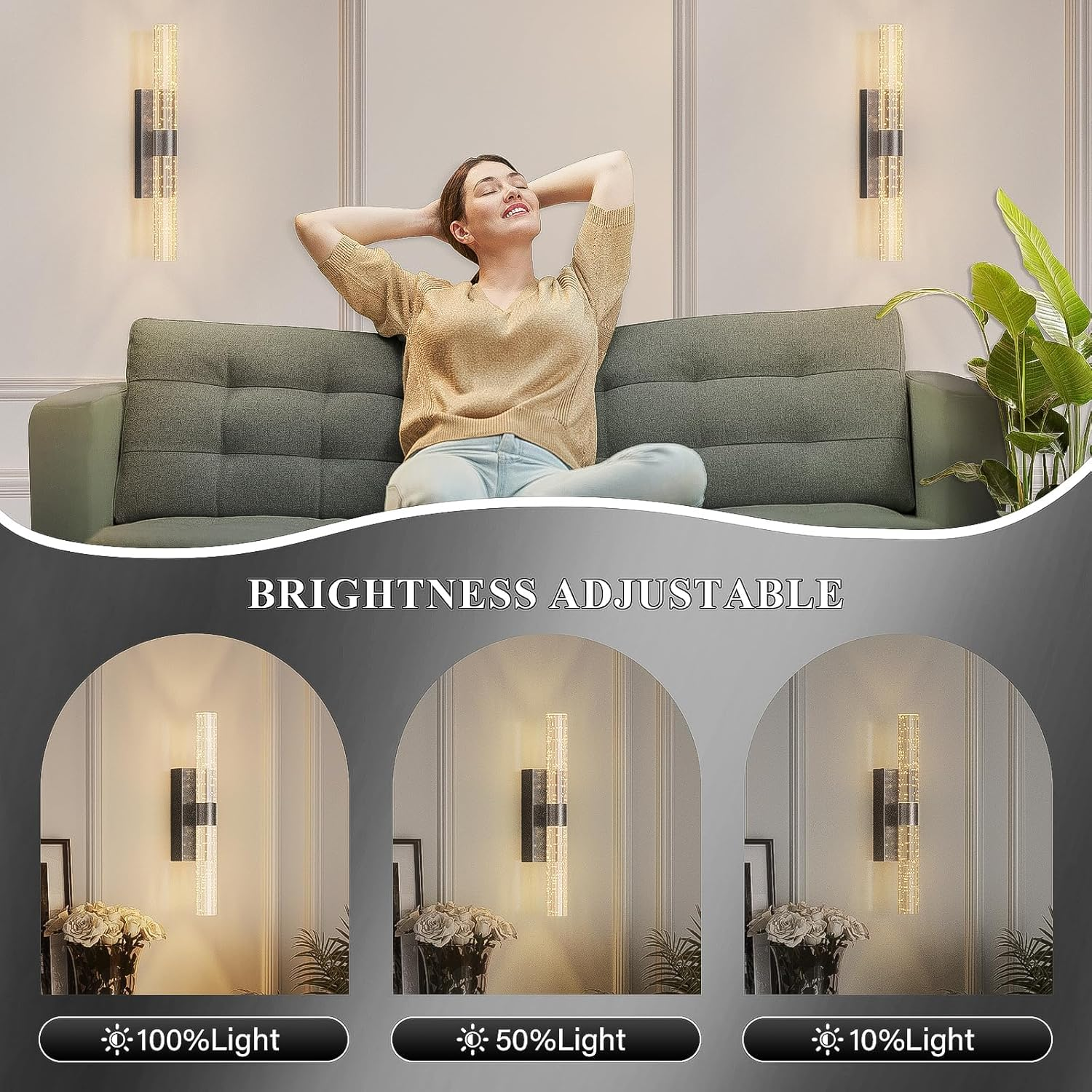 LED Battery Operated Wall Sconce Light Pack of 2, 12000Mah Rechargeable Battery Powered Wall Lighting Indoor Dimmable Wall Lamp Fixtures for Bedroom Living Room (Black)