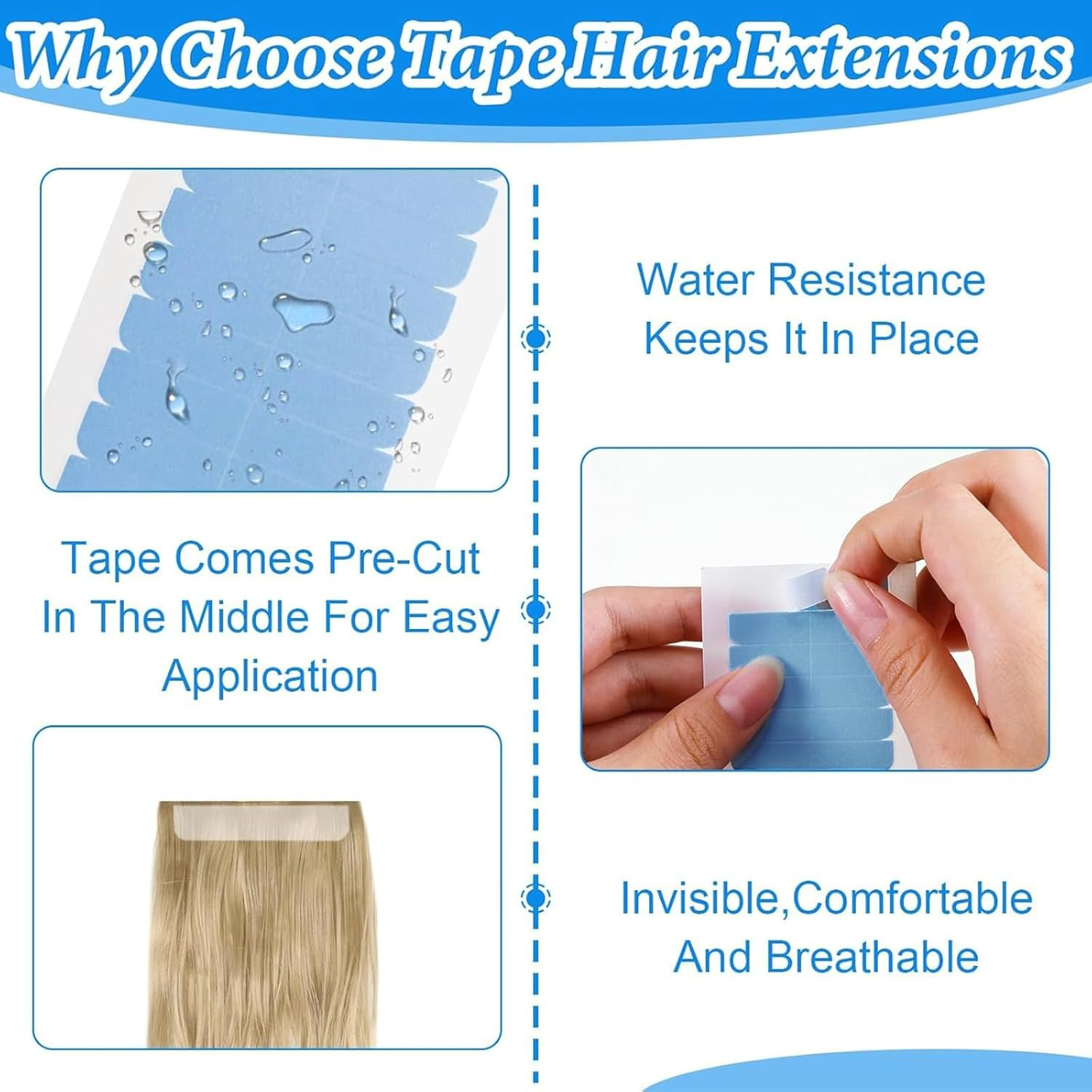 Kzvsiy 10 Sheets/120 Pieces Hair Extension Tape Tabs, Double-Sided Adhesive Replacement Tape for Human Hair Extensions and Wigs, High-Adhesion Transparent Tape for Hair Wefts and Beauty Tools (Blue) image number 2