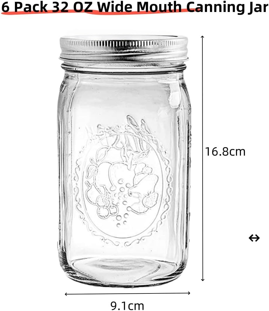 Ljxyloog Wide Mouth Mason Jars 32 Oz - (2 Pack) Ball Quart with Airtight Lids and Bands for Canning, Fermenting, Pickling, Freezing, Storage Glass Jar, Microwave & Dishwasher Safe, Clear image number 6