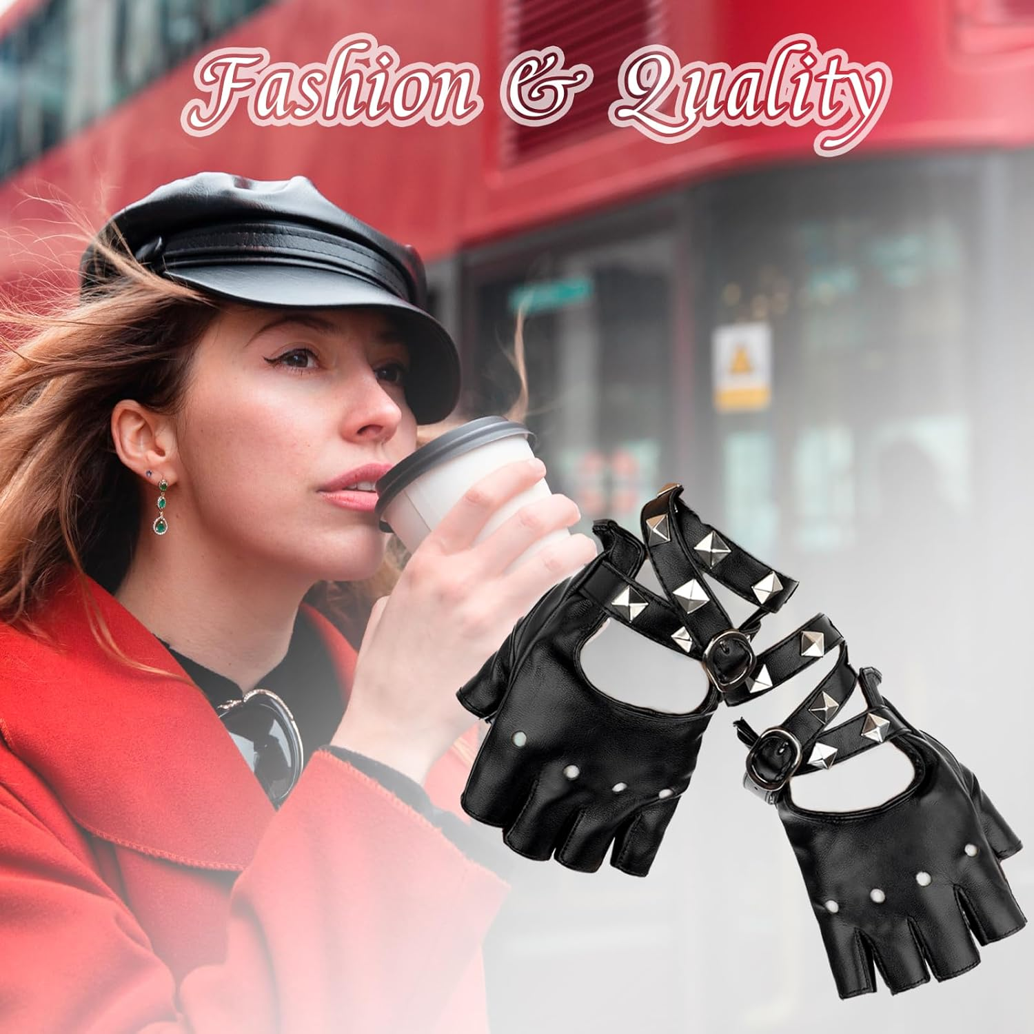 Leather Punk Gloves Fingerless Gloves for Women, PU Faux Leather Outdoor Sport Half Finger Glove Cosplay Gloves Gothic Gloves Fingerless Driving Gloves for Driving Motorcycle Bike, Black image number 6