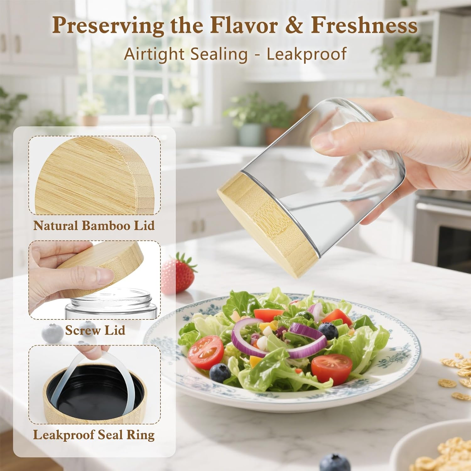 UHAPEER 10 & 16 Oz Overnight Oats Containers with Bamboo Lids 6 Pack: Airtight Glass Storage Jars Wide Mouth Mason Jars for Breakfast Meal Prep Salad Chia Puddirg Snacks Yogurt Sugar Spice Cereal image number 3