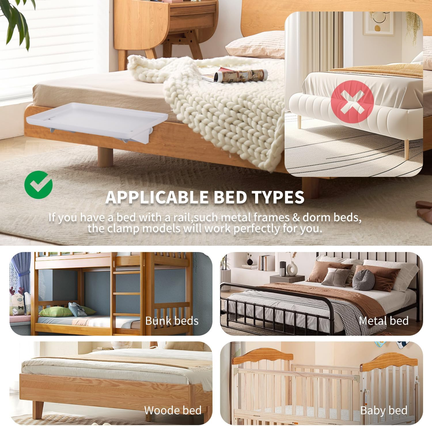 2PCS Removable Bedside Shelf, Bedside Tray for Bunk Beds, Bed Storage Organizer Shelf, Bedroom with Clip on Nightstand for Bedroom (Mounted on Bed Frame) (2, Black) - 2, Black image number 5