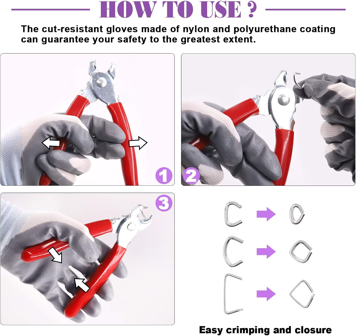 Swpeet 900Pcs 3/4" 1/2" 3/8" Galvanized Hog Rings with Straight Hog Ring Pliers Assortment Kit, Professional Upholstery Hog Rings Installation Kit for Bungee Shock, Cords, Animal Pet Cages, Bagging image number 6