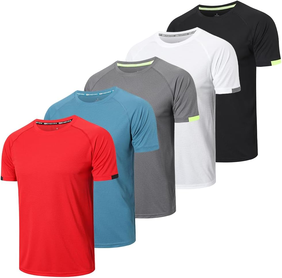 HUAKANG 5 Pack Men'S Workout Shirts Quick Dry Athletic Gym Tops Moisture Wicking Anti-Odor Breathable Tee Short Sleeve Sports T-Shirts for Outdoor Running Sportswear