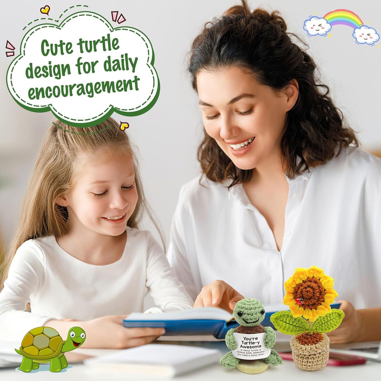 Mini Postive Crochet Funny Gift, 2PCS 3 Inch Cute Crochet Sunflower Pot Desk Decoration Toy with Positive Card for Dad Father Women Mom Best Friend Teacher Fall (Sunflower & Turtles)