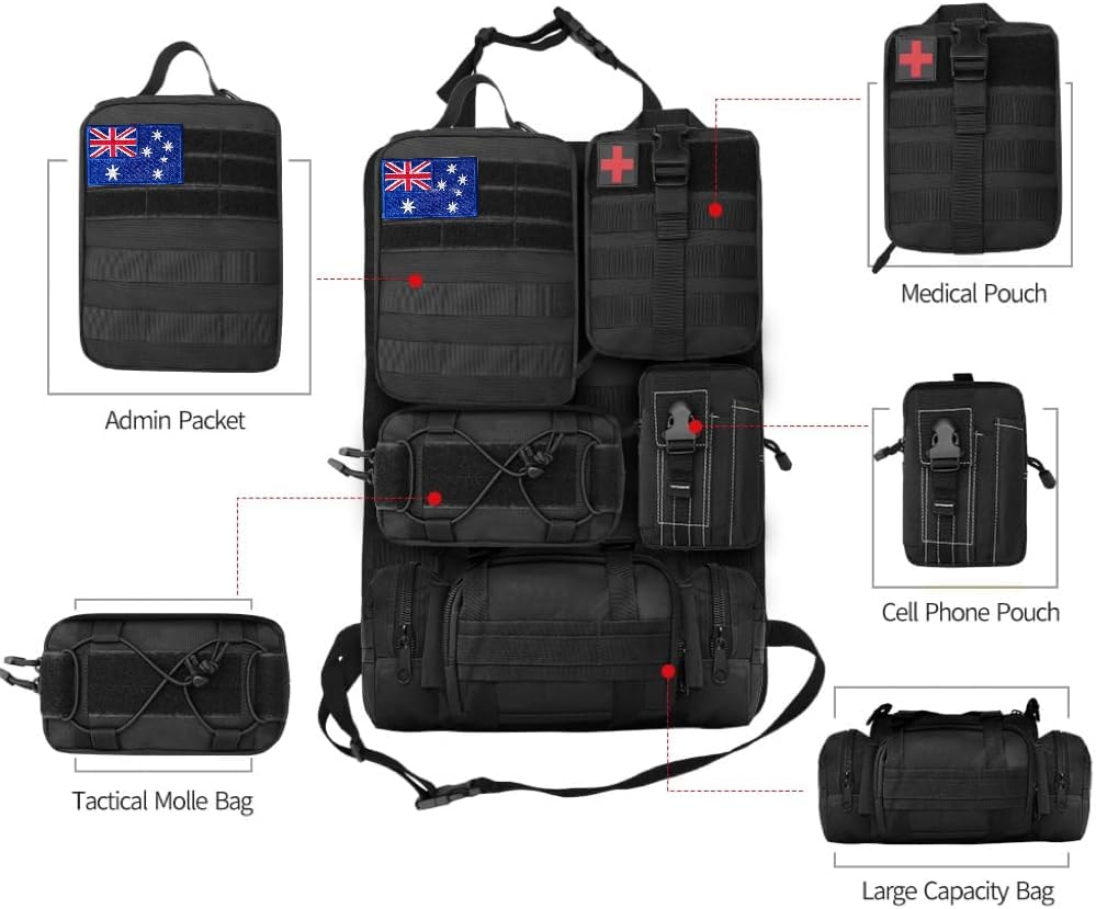 Lxjnfac Universal Tactical Vehicle Seat Back Organizer Panel with 5 Detachable MOLLE Pouches - Medical, Phone, Storage Pouch, Suitable for Vehicles Such as Jeep, Truck, SUV, Ford, Chevrolet, Etc image number 4