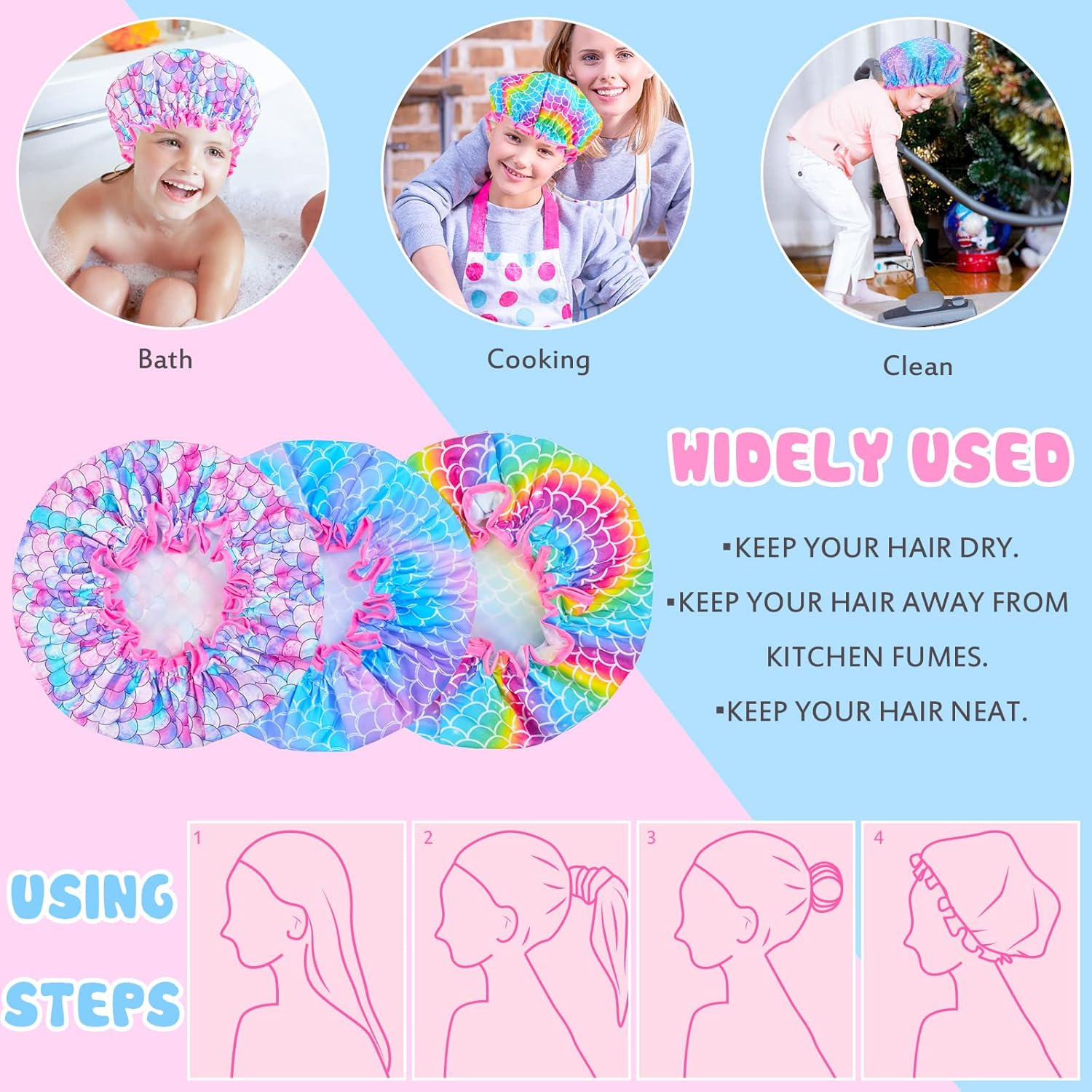 3 Pcs Kids Girls Toddler Shower Cap - Reusable Plastic Rainbow Unicorn Mermaid Hair Cap, Waterproof Adjustable Cute Head Cap for Children and Women image number 3