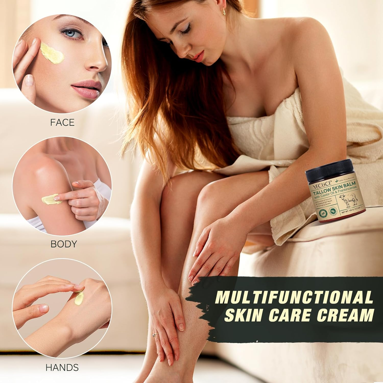 Tallow Skin Balm with Castor Oil & Frankincense Oil 120G, Deep Repair Skin Cream for Dry, Cracked Hands, Face & Body, Natural Moisturizer 4.2 Oz image number 5