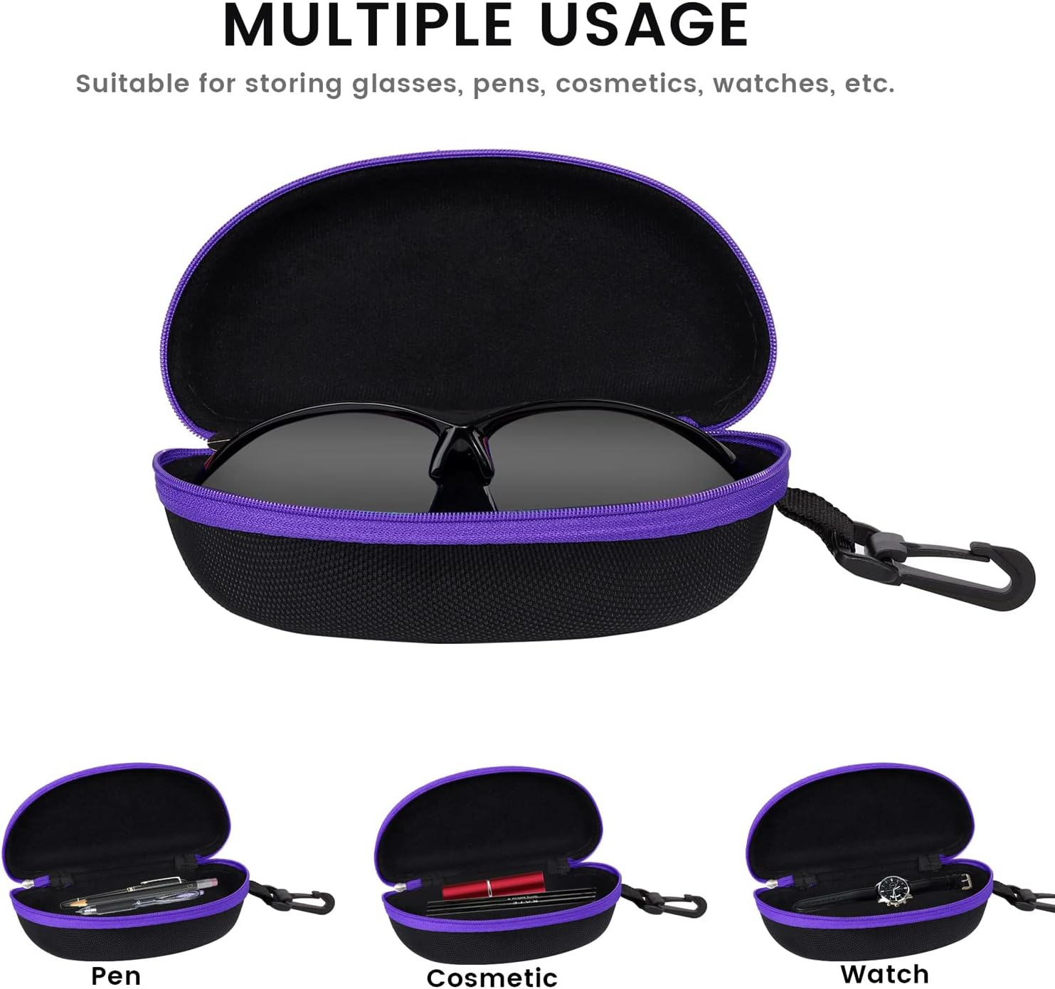 SVNXI 3 Pieces Portable Hard Shell Sunglasses Case, Zipper Eyewear Eyeglasses Case with Hook for Women Men Travel Sports - 3 X Black image number 3