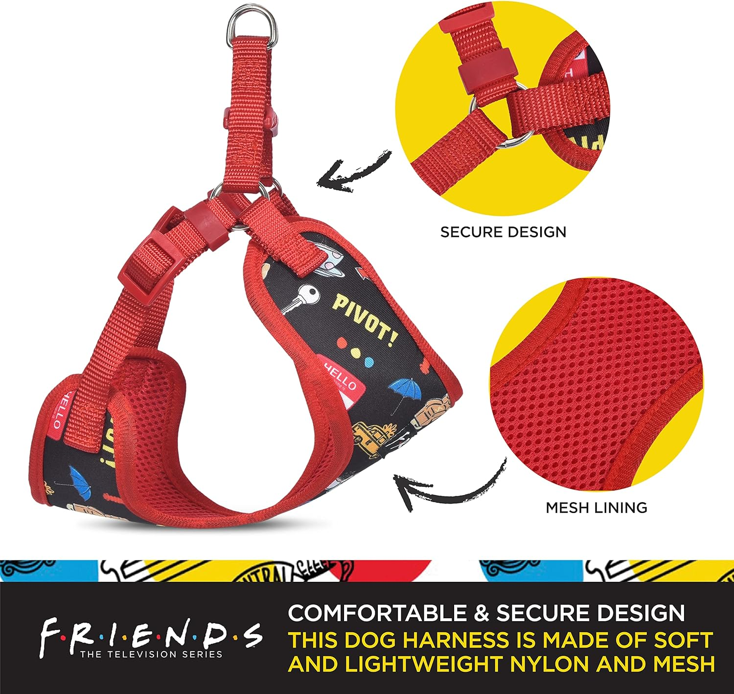 Friends TV Show Iconic Graphics Dog Harness for Small Dogs, Small (S) | Black No-Pull Harness with D-Ring | Machine Washable Friends Merch