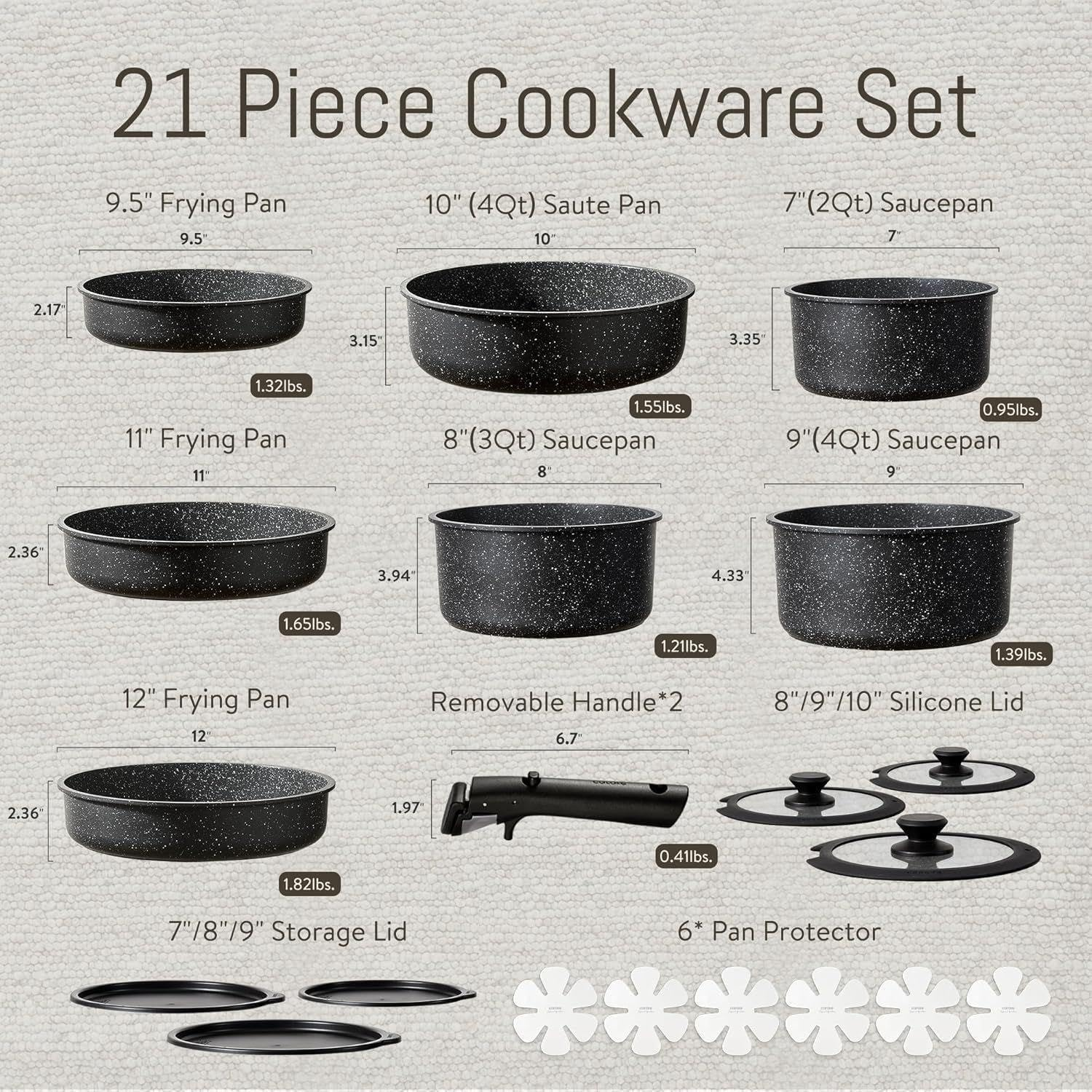 CAROTE 21Pcs Detachable Handle Pots and Pan Set, Nonstick Induction Cookware, Removable Handle, RV Oven Safe Cookware, Midnight Black, A07995