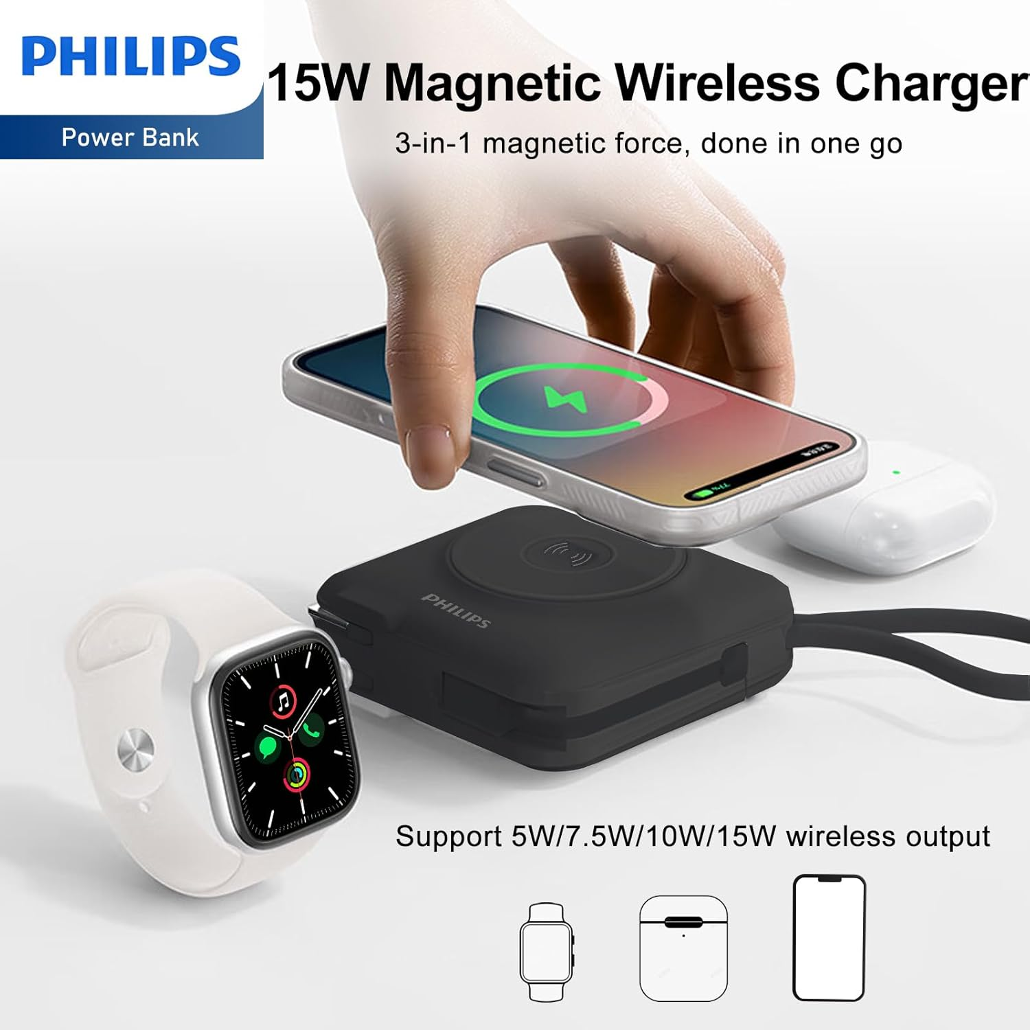 PHILIPS Power Bank Wireless| 15000Mah Powerbank Built-In Cable 5 in 1 Portable Battery Pack, Magnetic Universal Travel Fast Charging Adapter (UK,EU,AU) Compatible with Magsafe Iphone,Airpod, Iwatch image number 5