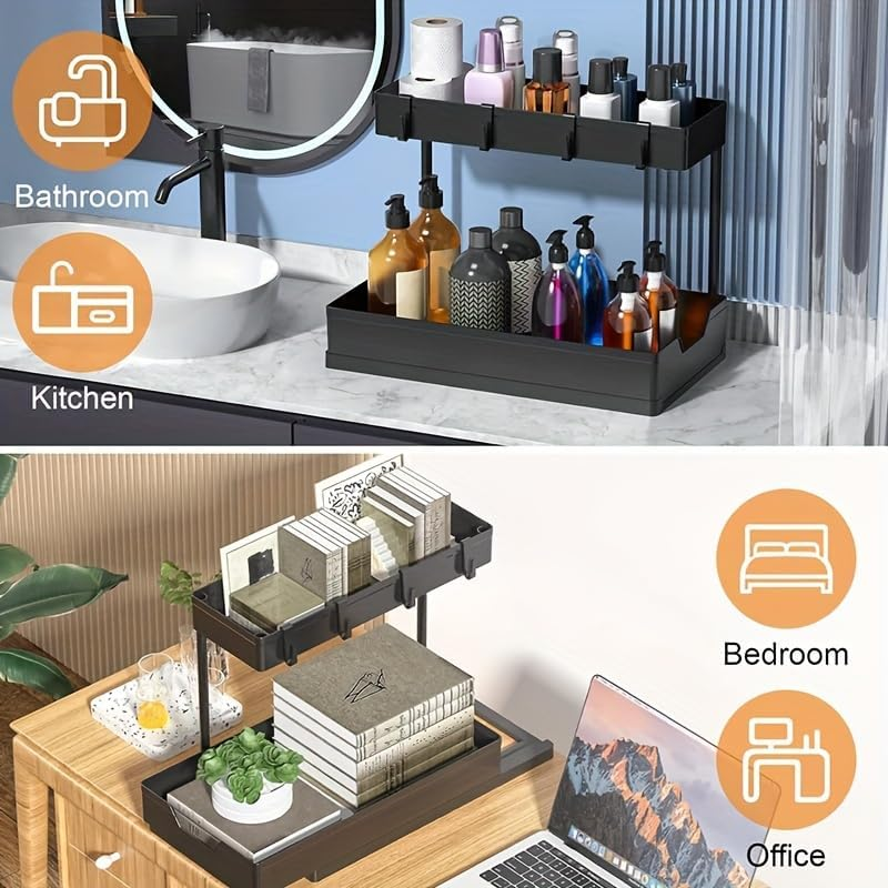 LTECARP under Sink Storage Kitchen Organiser, 2 Tier Sliding Kitchen Storage under Sink Shelf, Multi-Purpose Organisation for Kitchen Bathroom, Bottom Slide Out Basket Black image number 3
