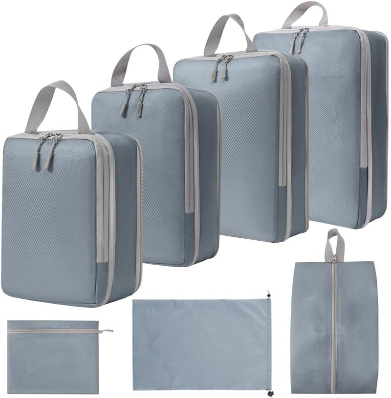 7Pcs Compression Packing Cubes Set, Expandable Travel Organizers for Carry on Luggage,Waterproof Travel Packing Accessories Compression Bags,Travel Packing Cubes Organisers for Suitcases image number 5